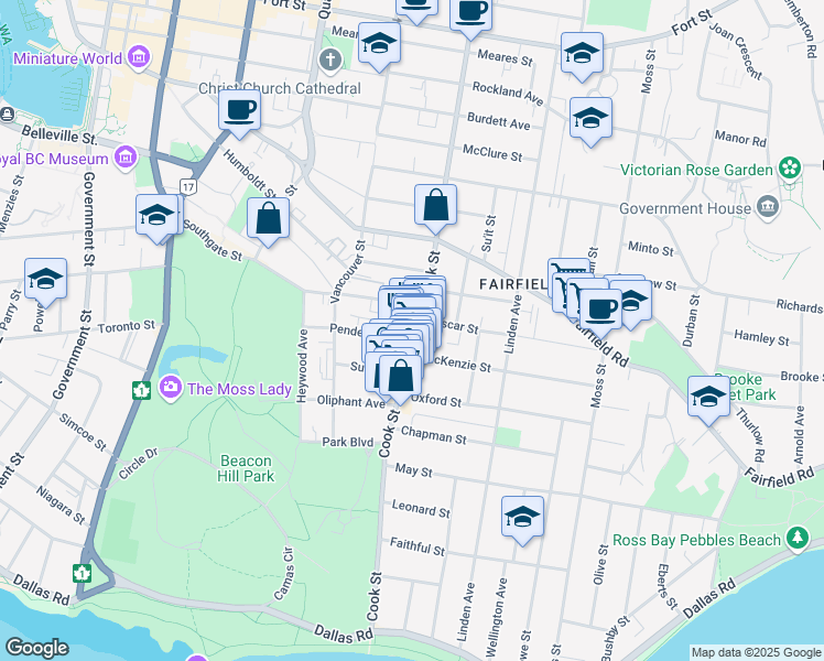 map of restaurants, bars, coffee shops, grocery stores, and more near 324 Cook Street in Victoria