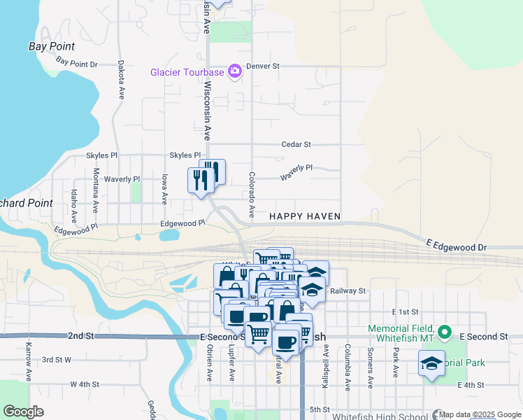 map of restaurants, bars, coffee shops, grocery stores, and more near 710 Edgewood Pl in Whitefish