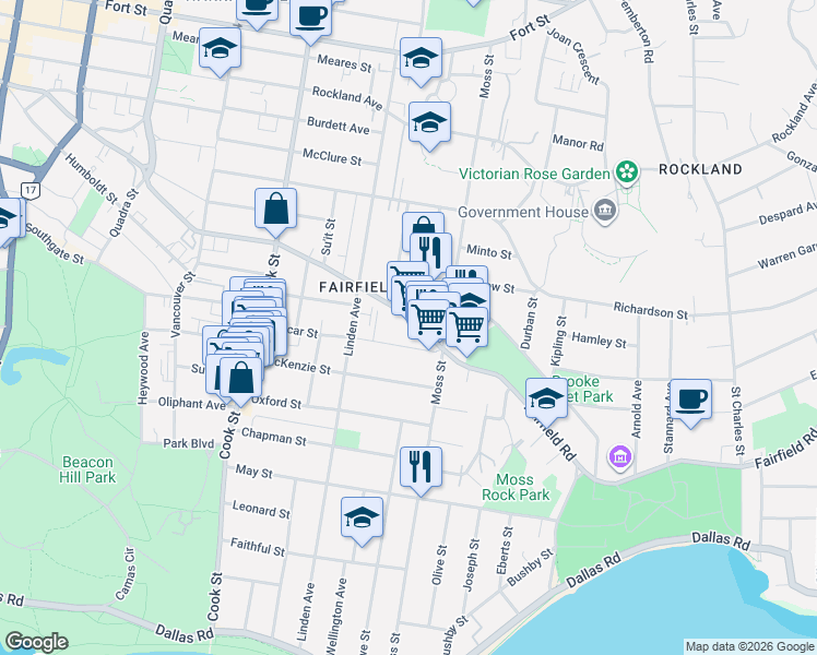 map of restaurants, bars, coffee shops, grocery stores, and more near 1273 Fairfield Road in Victoria
