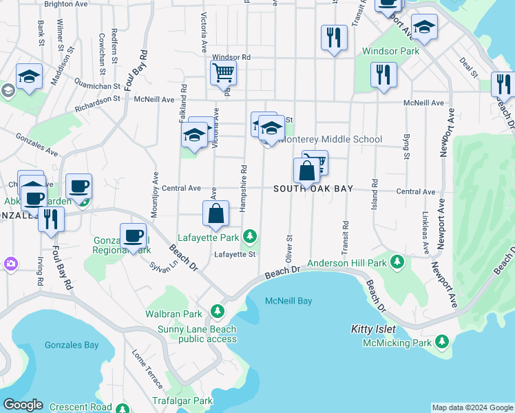 map of restaurants, bars, coffee shops, grocery stores, and more near 638 Monterey Avenue in Victoria