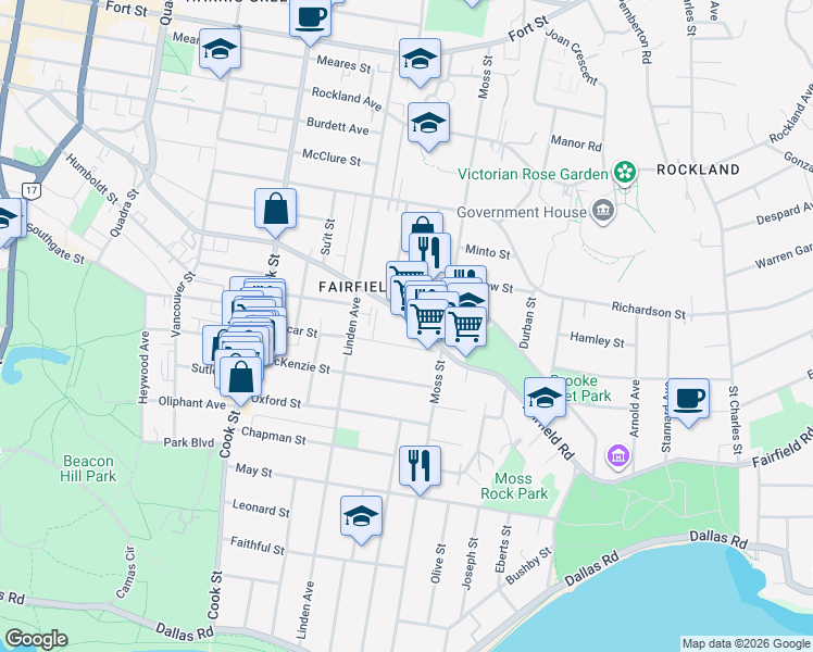 map of restaurants, bars, coffee shops, grocery stores, and more near 1273 Fairfield Road in Victoria