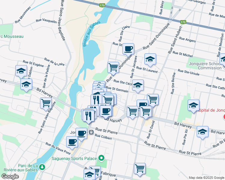 map of restaurants, bars, coffee shops, grocery stores, and more near 3889 Rue Saint Germain in Saguenay