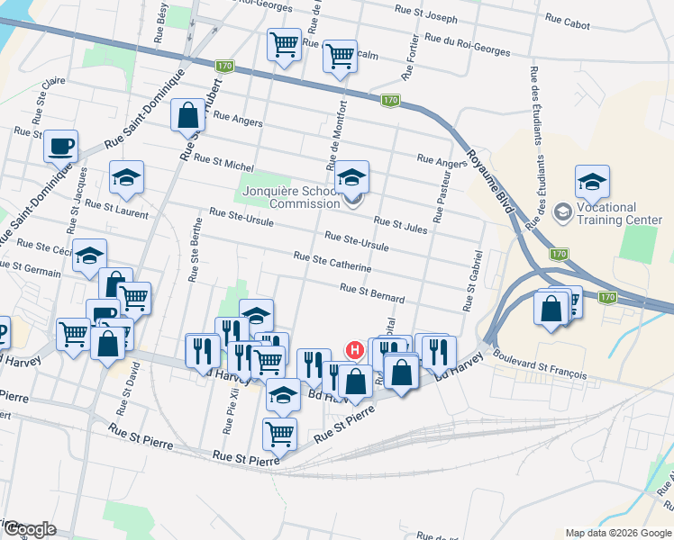 map of restaurants, bars, coffee shops, grocery stores, and more near 3647 Rue Sainte Catherine in Saguenay