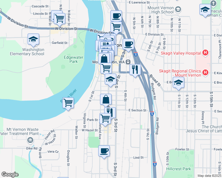 map of restaurants, bars, coffee shops, grocery stores, and more near 920 South 2nd Street in Mount Vernon