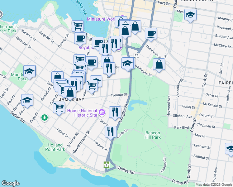 map of restaurants, bars, coffee shops, grocery stores, and more near in Victoria
