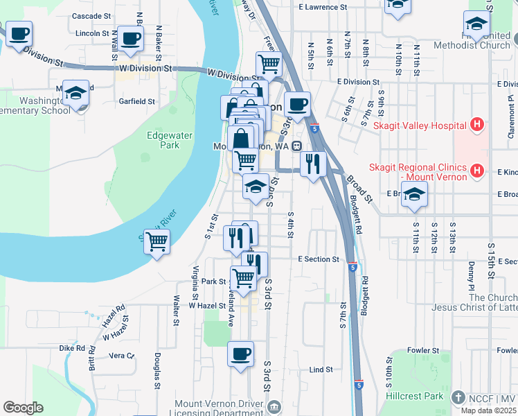 map of restaurants, bars, coffee shops, grocery stores, and more near 920 South 2nd Street in Mount Vernon