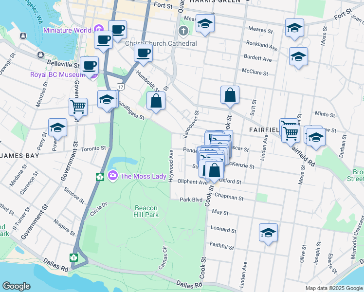 map of restaurants, bars, coffee shops, grocery stores, and more near 406 Vancouver Street in Victoria