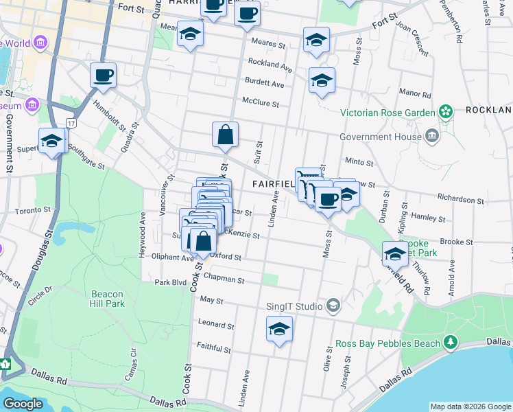 map of restaurants, bars, coffee shops, grocery stores, and more near 1145 Hilda Street in Victoria
