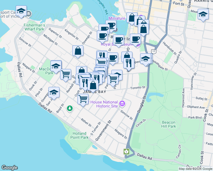 map of restaurants, bars, coffee shops, grocery stores, and more near in Victoria