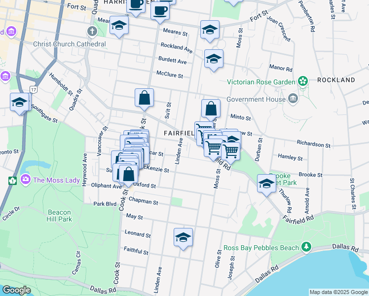 map of restaurants, bars, coffee shops, grocery stores, and more near 415 Linden Avenue in Victoria