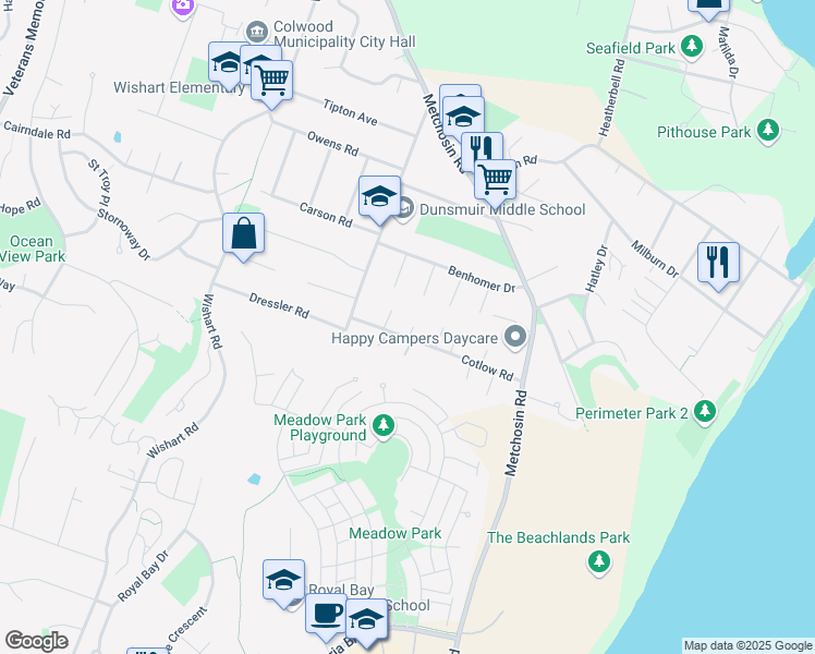 map of restaurants, bars, coffee shops, grocery stores, and more near 3368 Alfred Place in Victoria