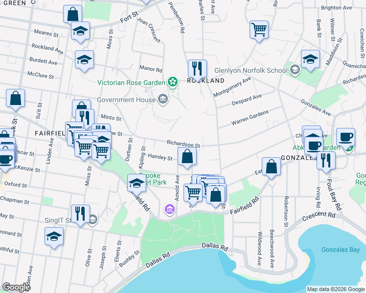 map of restaurants, bars, coffee shops, grocery stores, and more near 465 Arnold Avenue in Victoria