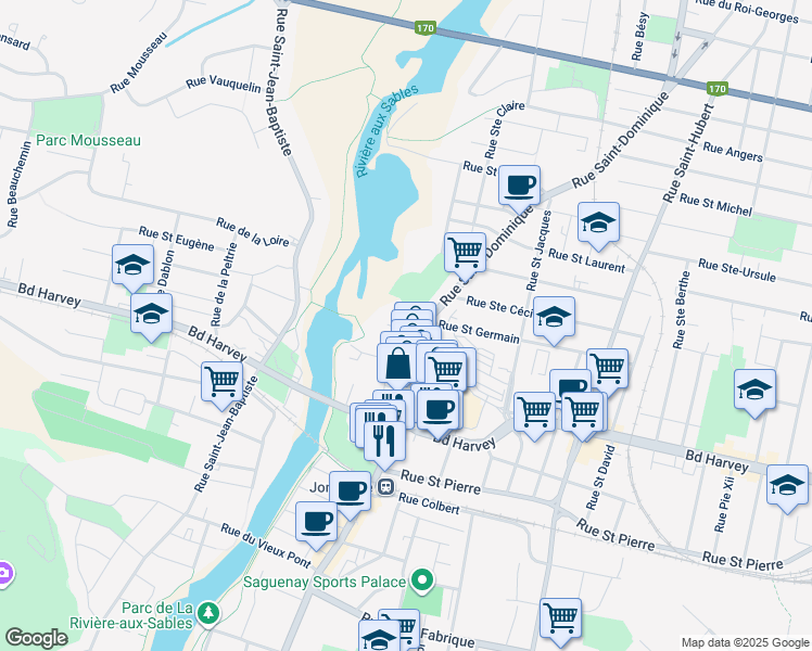 map of restaurants, bars, coffee shops, grocery stores, and more near 3898 Rue du Cap in Saguenay