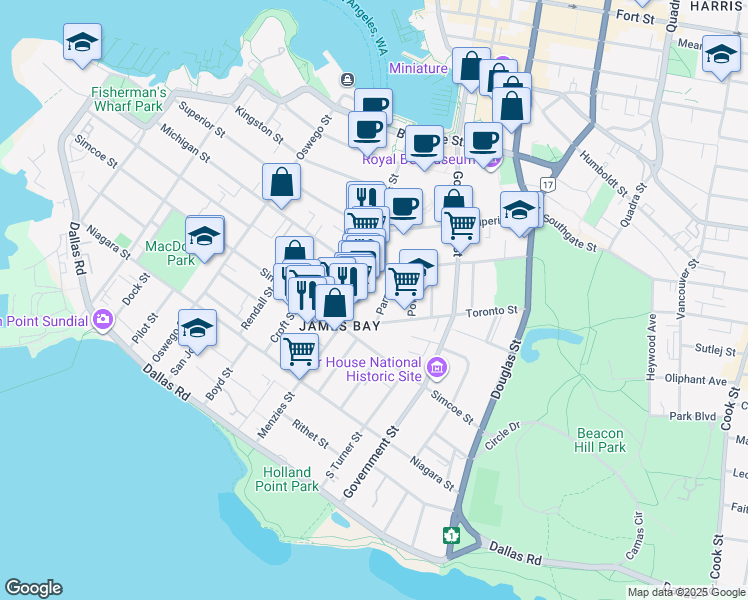 map of restaurants, bars, coffee shops, grocery stores, and more near 420 Parry Street in Victoria