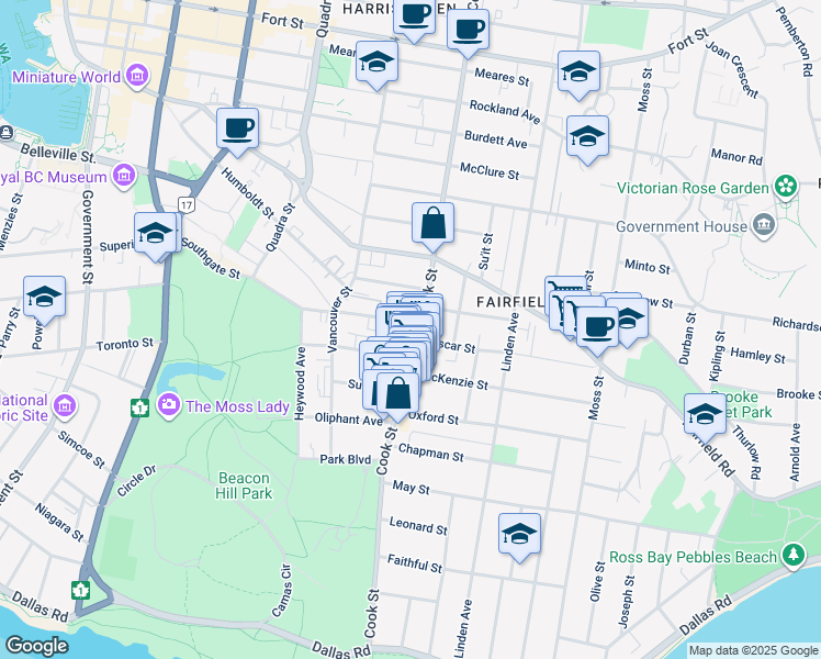 map of restaurants, bars, coffee shops, grocery stores, and more near in Victoria