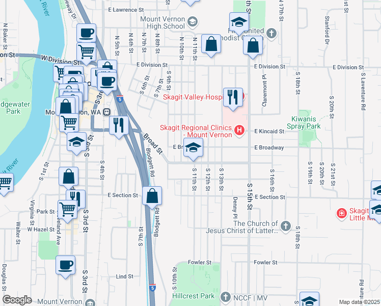 map of restaurants, bars, coffee shops, grocery stores, and more near 1005 South 11th Street in Mount Vernon