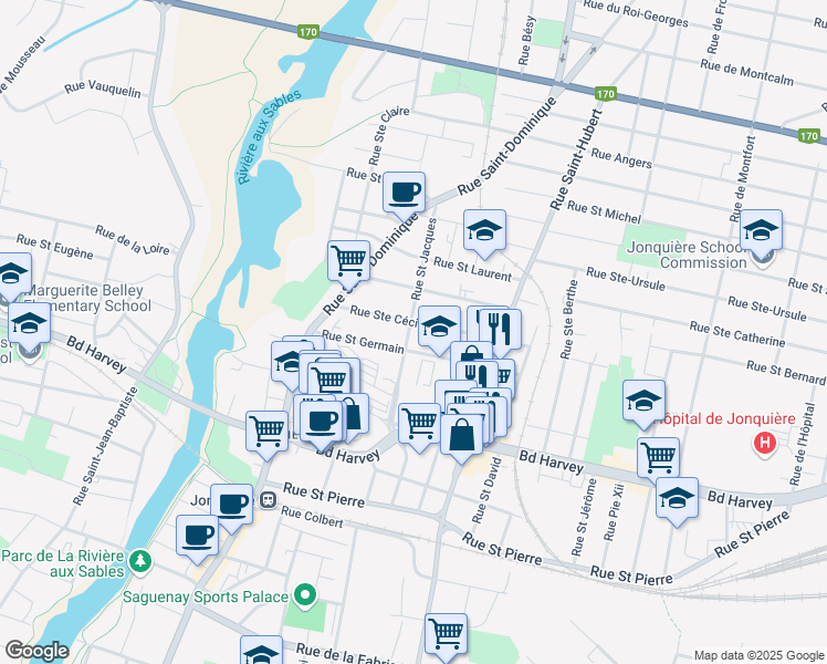 map of restaurants, bars, coffee shops, grocery stores, and more near 2157 Rue Saint Jacques in Saguenay
