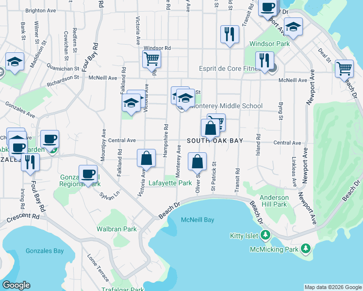 map of restaurants, bars, coffee shops, grocery stores, and more near 740 Monterey Avenue in Victoria