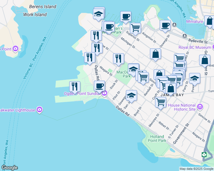map of restaurants, bars, coffee shops, grocery stores, and more near 200 Dallas Road in Victoria