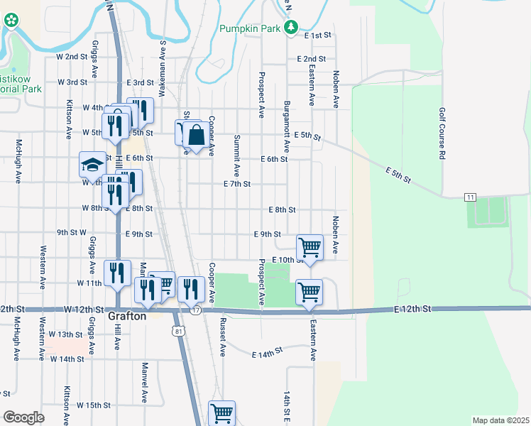 map of restaurants, bars, coffee shops, grocery stores, and more near 714 Prospect Avenue in Grafton