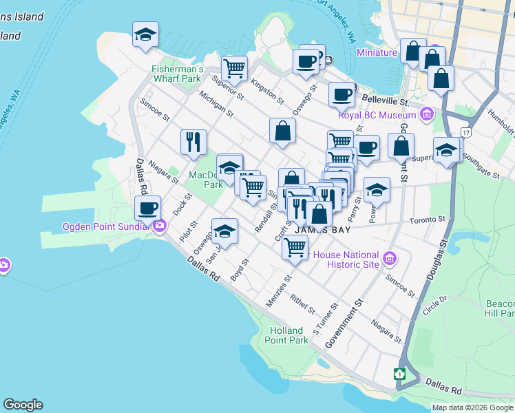 map of restaurants, bars, coffee shops, grocery stores, and more near 335 St. James Street in Victoria