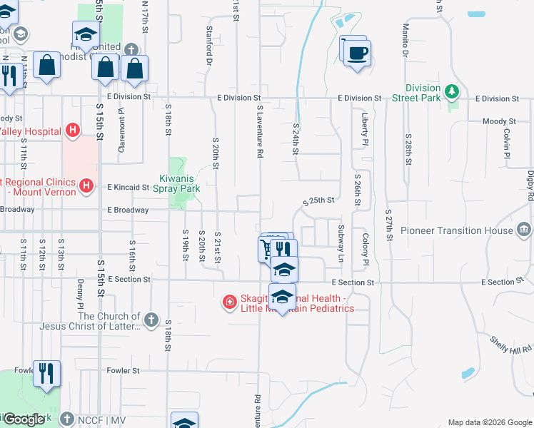 map of restaurants, bars, coffee shops, grocery stores, and more near 825 South 22nd Place in Mount Vernon