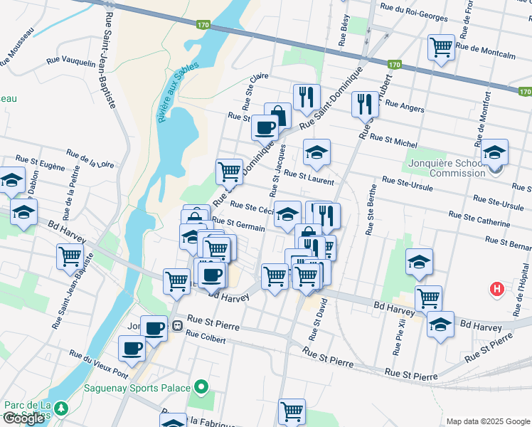 map of restaurants, bars, coffee shops, grocery stores, and more near 2166 Rue Saint Jacques in Saguenay