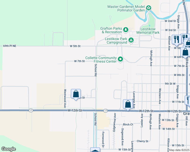 map of restaurants, bars, coffee shops, grocery stores, and more near 1023 School Road in Grafton