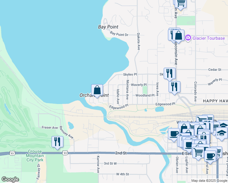 map of restaurants, bars, coffee shops, grocery stores, and more near 112 Woodland Place in Whitefish