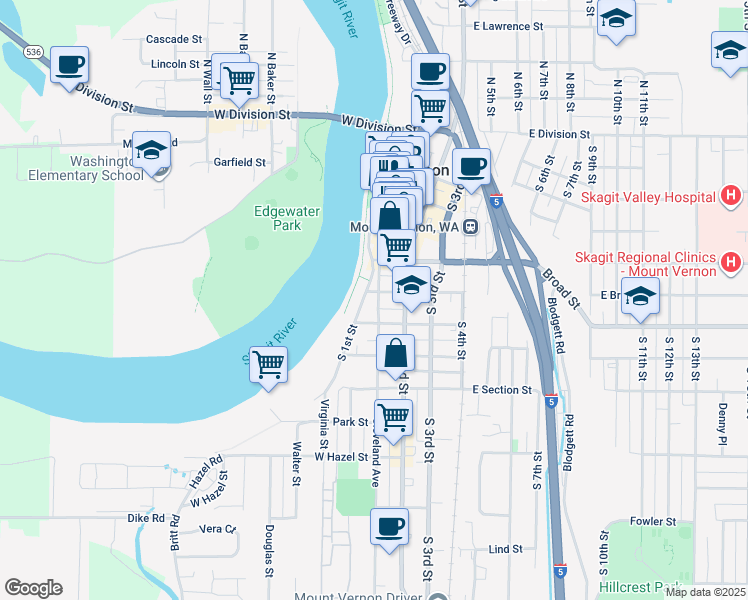 map of restaurants, bars, coffee shops, grocery stores, and more near in Mount Vernon