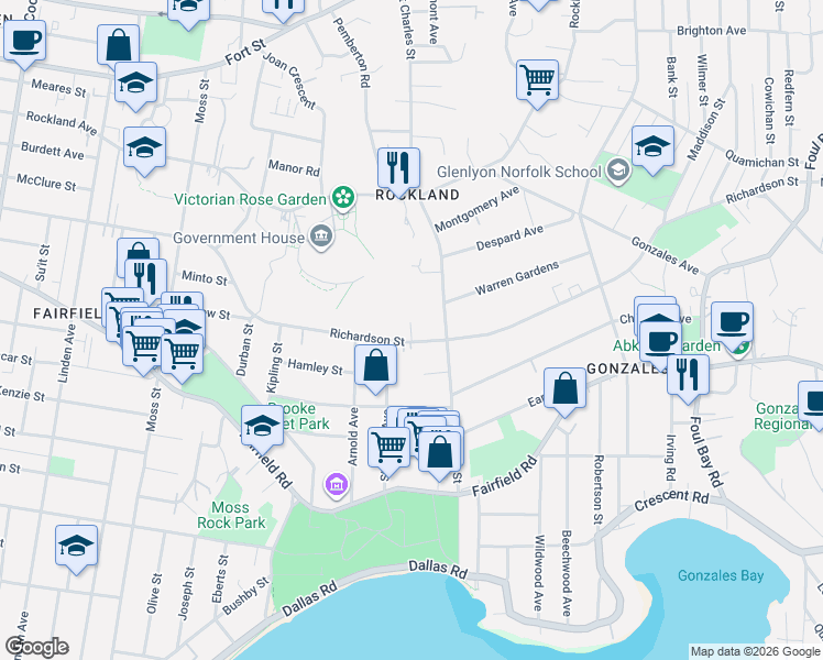 map of restaurants, bars, coffee shops, grocery stores, and more near 526 Saint Charles Street in Victoria