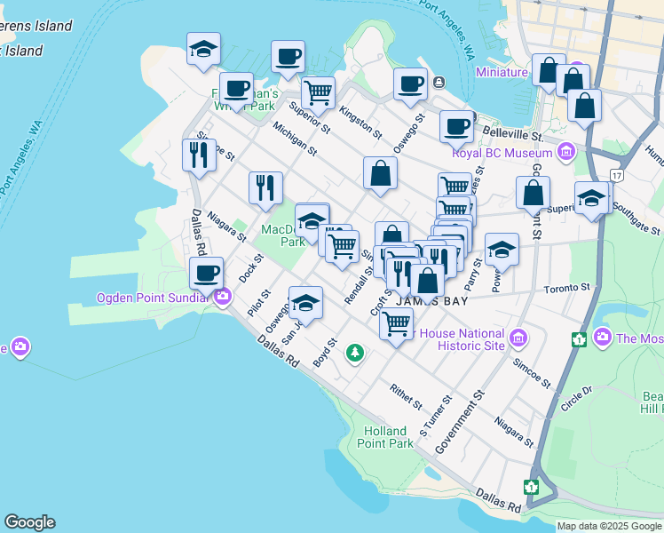 map of restaurants, bars, coffee shops, grocery stores, and more near 140 Oswego Street in Victoria