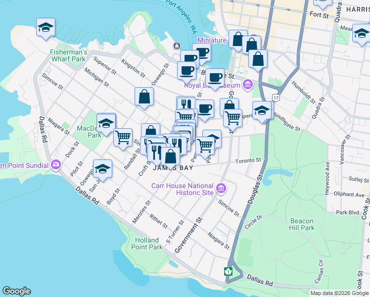 map of restaurants, bars, coffee shops, grocery stores, and more near 255 Menzies Street in Victoria