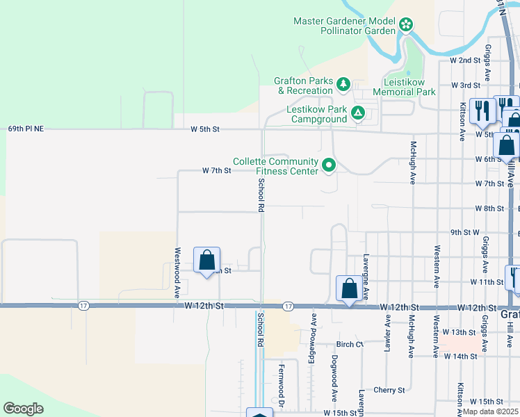 map of restaurants, bars, coffee shops, grocery stores, and more near 1023 School Road in Grafton