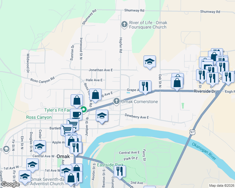 map of restaurants, bars, coffee shops, grocery stores, and more near 375 Grape Avenue East in Omak