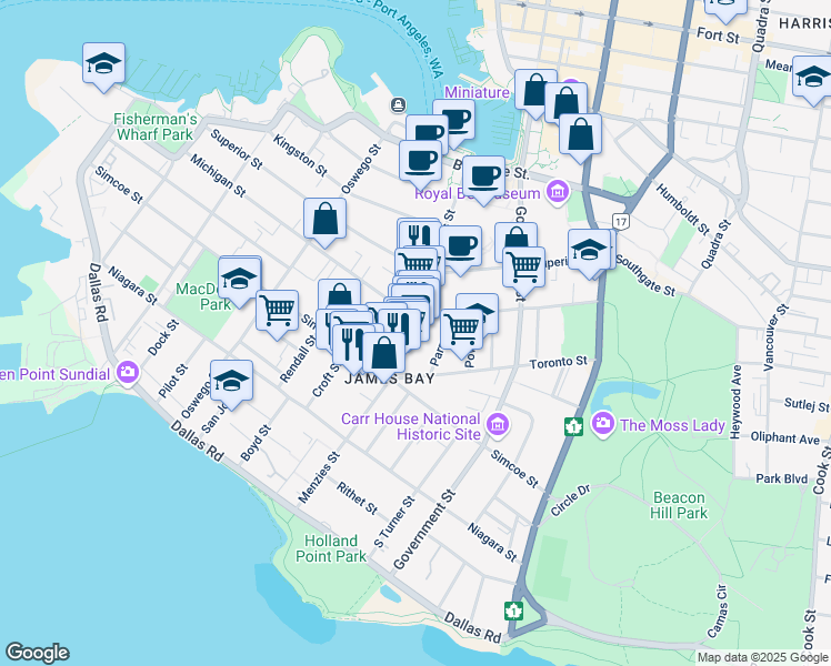 map of restaurants, bars, coffee shops, grocery stores, and more near 255 Menzies Street in Victoria