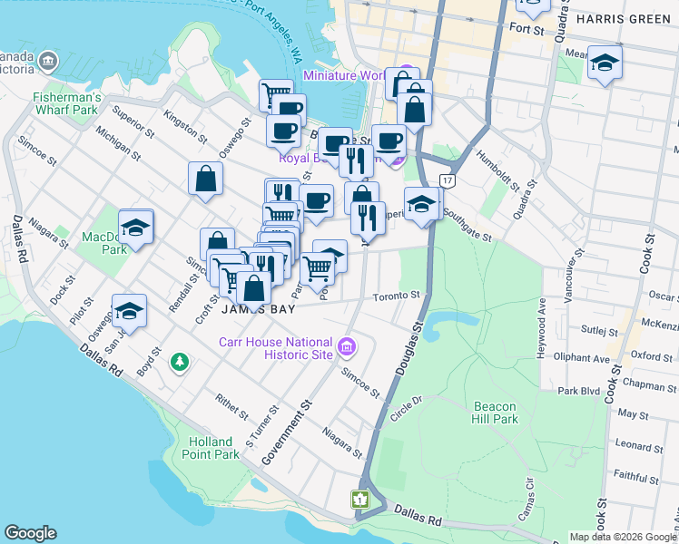 map of restaurants, bars, coffee shops, grocery stores, and more near 432 Heather Street in Victoria