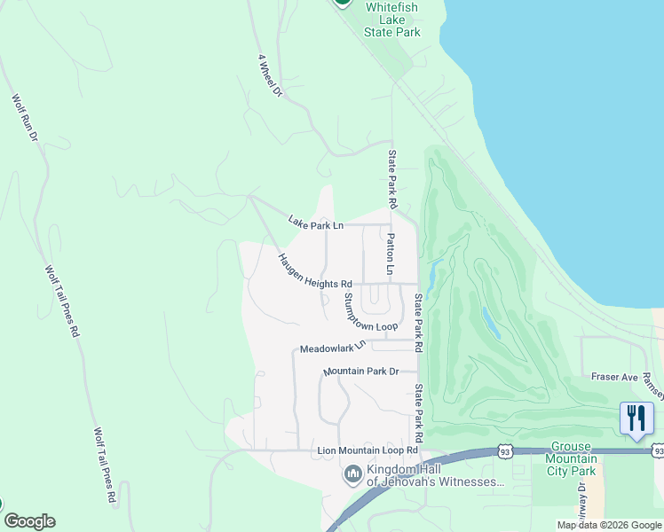 map of restaurants, bars, coffee shops, grocery stores, and more near 243 Haugen Heights Road in Whitefish