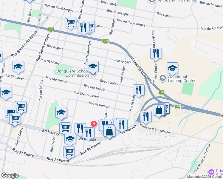 map of restaurants, bars, coffee shops, grocery stores, and more near 3592 Rue Sainte-Ursule in Saguenay