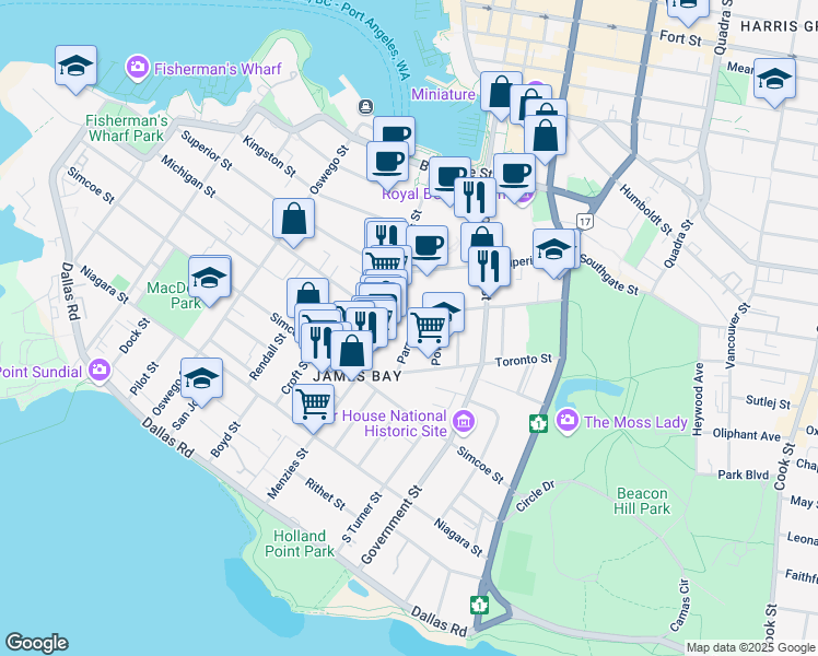 map of restaurants, bars, coffee shops, grocery stores, and more near 440 Parry Street in Victoria