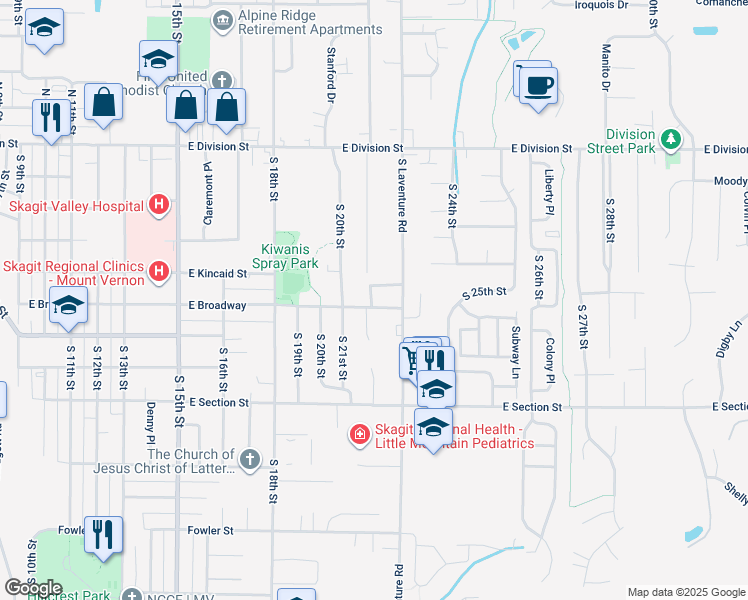 map of restaurants, bars, coffee shops, grocery stores, and more near 2101 East Broadway in Mount Vernon