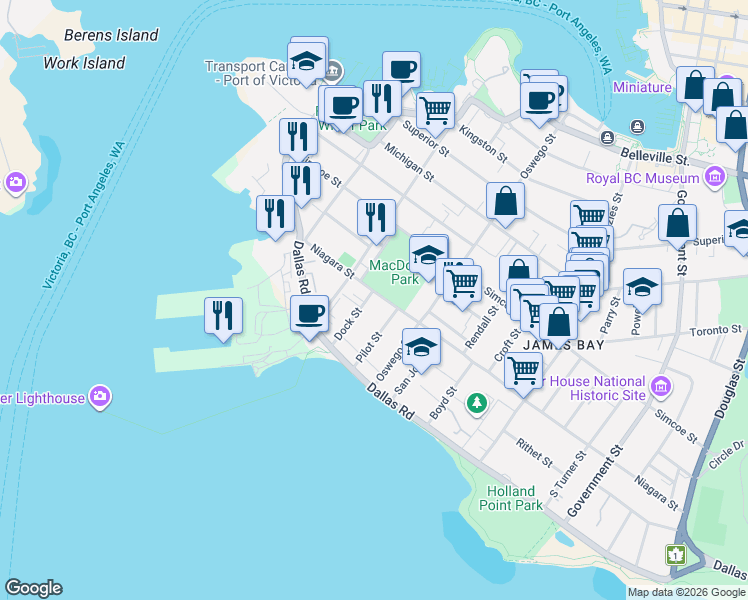 map of restaurants, bars, coffee shops, grocery stores, and more near 85 Dock Street in Victoria