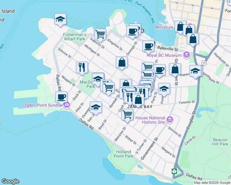 map of restaurants, bars, coffee shops, grocery stores, and more near 343 Simcoe Street in Victoria