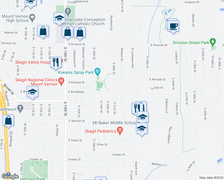 map of restaurants, bars, coffee shops, grocery stores, and more near 511 South 20th Street in Mount Vernon