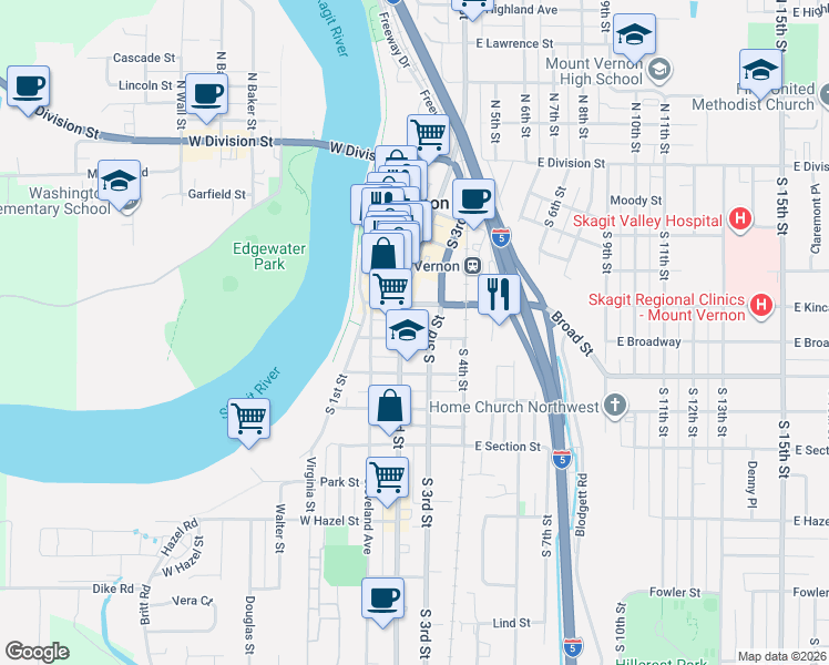 map of restaurants, bars, coffee shops, grocery stores, and more near 823 South 3rd Street in Mount Vernon