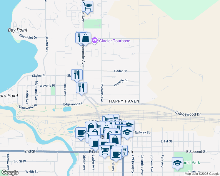 map of restaurants, bars, coffee shops, grocery stores, and more near 701-705 Waverly Place in Whitefish