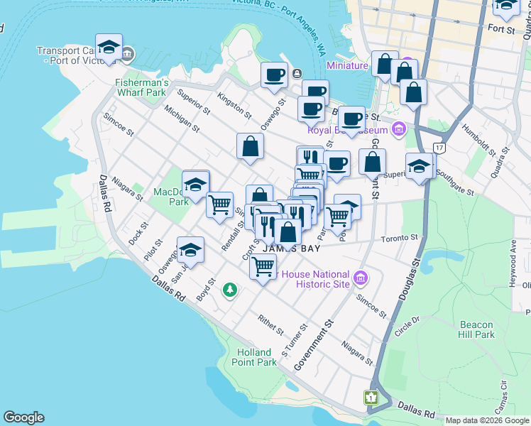 map of restaurants, bars, coffee shops, grocery stores, and more near 440 Simcoe Street in Victoria