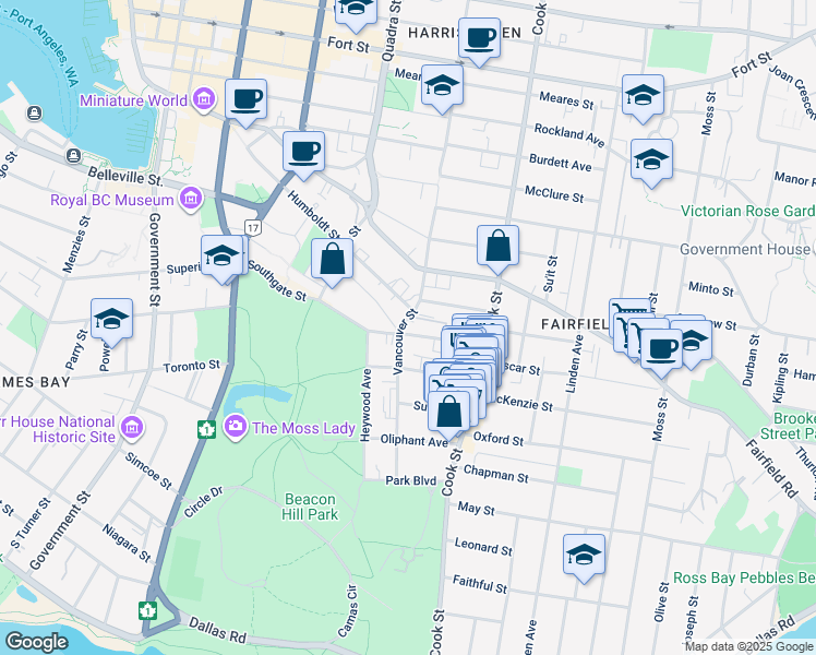 map of restaurants, bars, coffee shops, grocery stores, and more near 429 Vancouver Street in Victoria