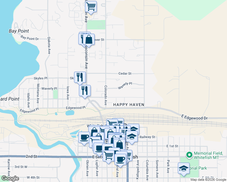map of restaurants, bars, coffee shops, grocery stores, and more near 701-705 Waverly Place in Whitefish
