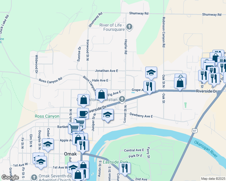 map of restaurants, bars, coffee shops, grocery stores, and more near 367 Fig Avenue East in Omak